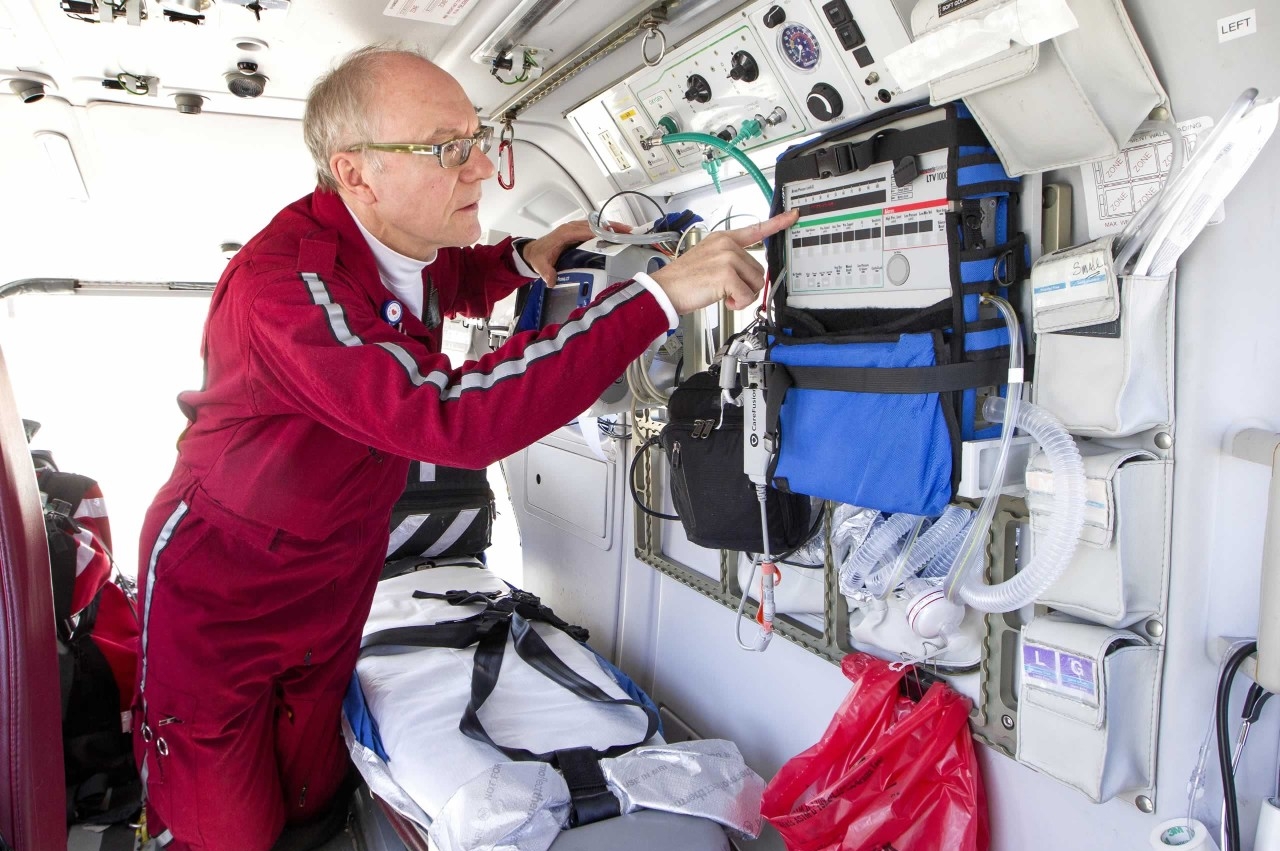 Life Flight nurse David Bevin checks equipment on board.