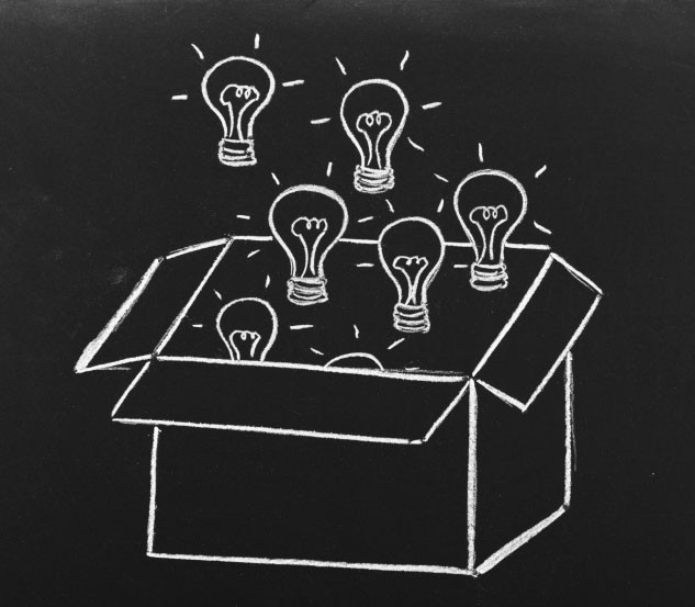 Drawing of light bulbs coming out of a box