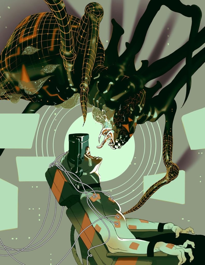 Illustration of a man wearing video goggles staring up at a large spider over his chair