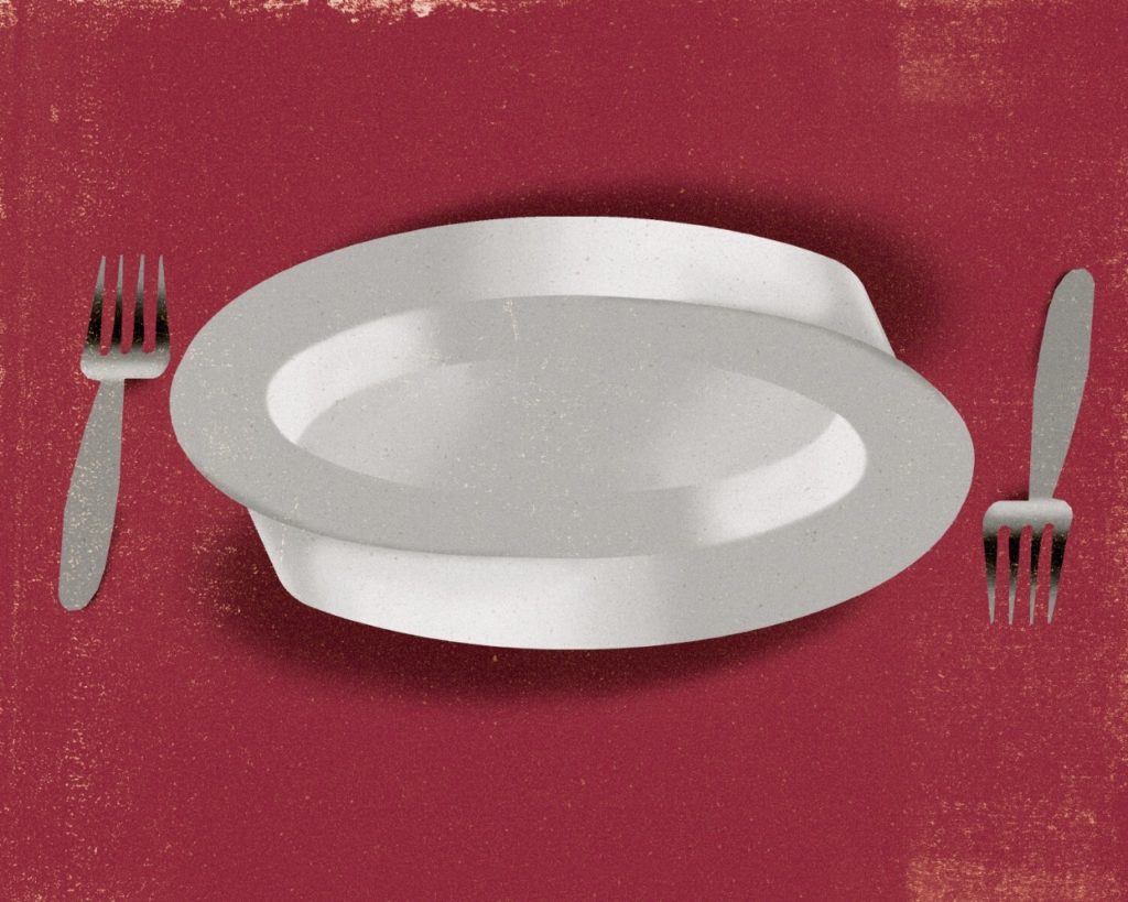 Illustration of a plate and two forks. Riki Blanco illustration