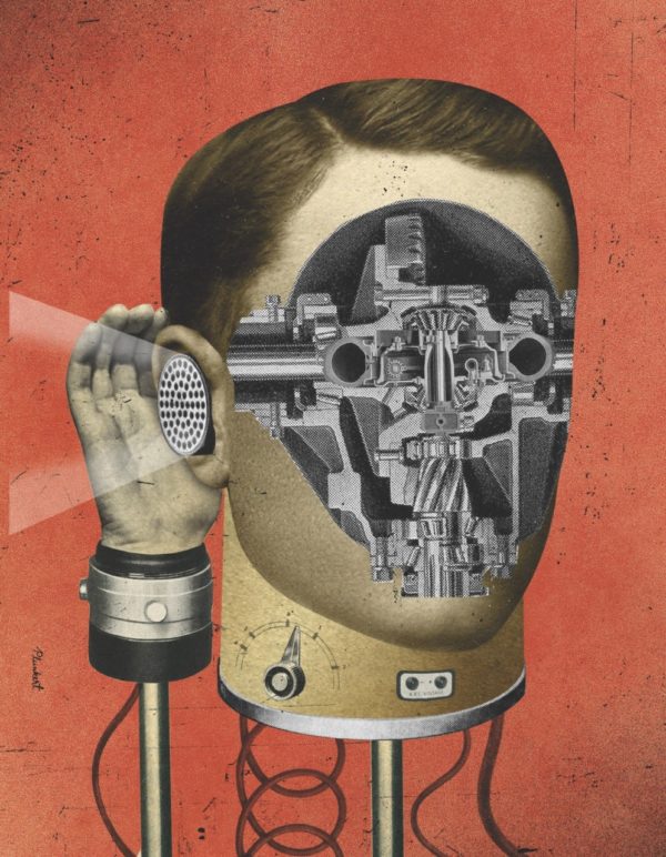 Illustration by David Plunkert of man's face juxtaposed as a machine