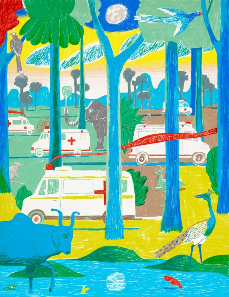 Illustration by Jeffrey Decoster of ambulances driving amid jungle animals