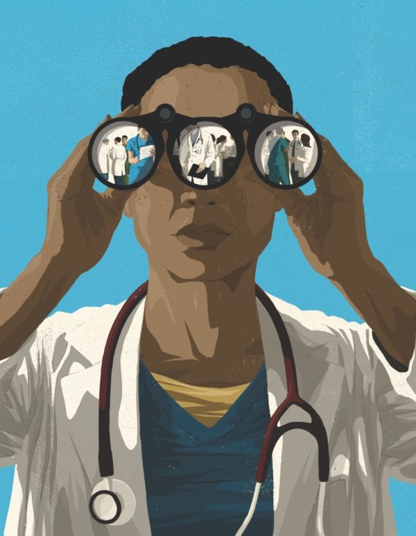 Illustration by Mark Smith of a physician looking through binoculars