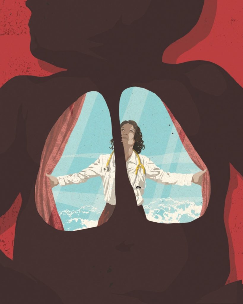 Illustration of a female physician opening the lungs of a baby. Mark Smith illustration