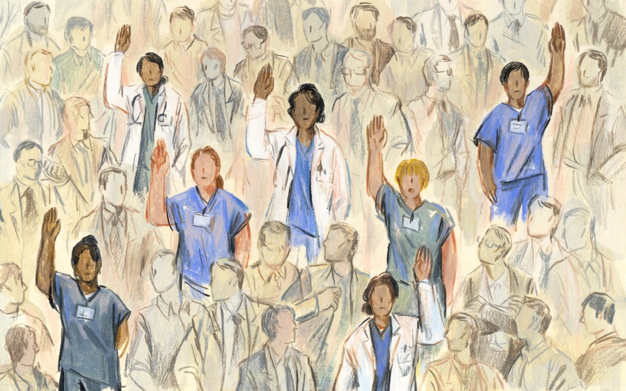Woman clinicians raising hands. (Sally Deng illustration)