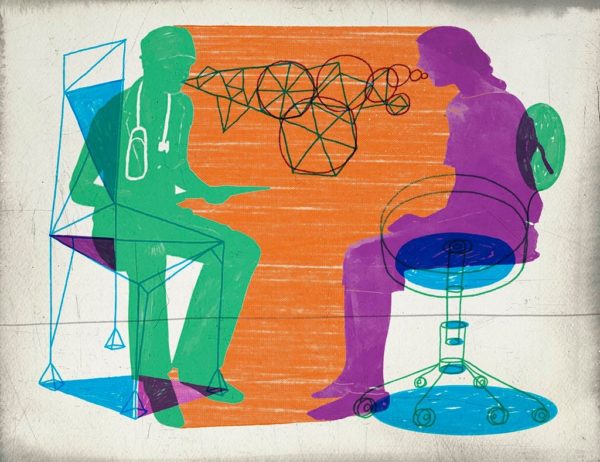 Illustration of a doctor talking to a patient, by Jeffrey Decoster