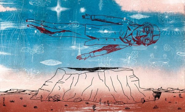 Illustration of a pilot flying over a mesa in a dream, by Jeffrey Decoster