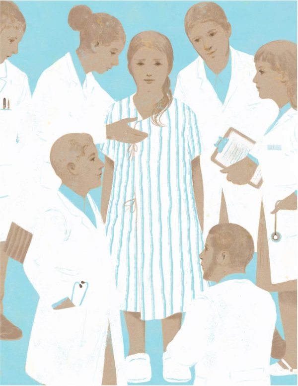 Illustration of a patient surrounded by clinicians, by GÃ©rard Dubois