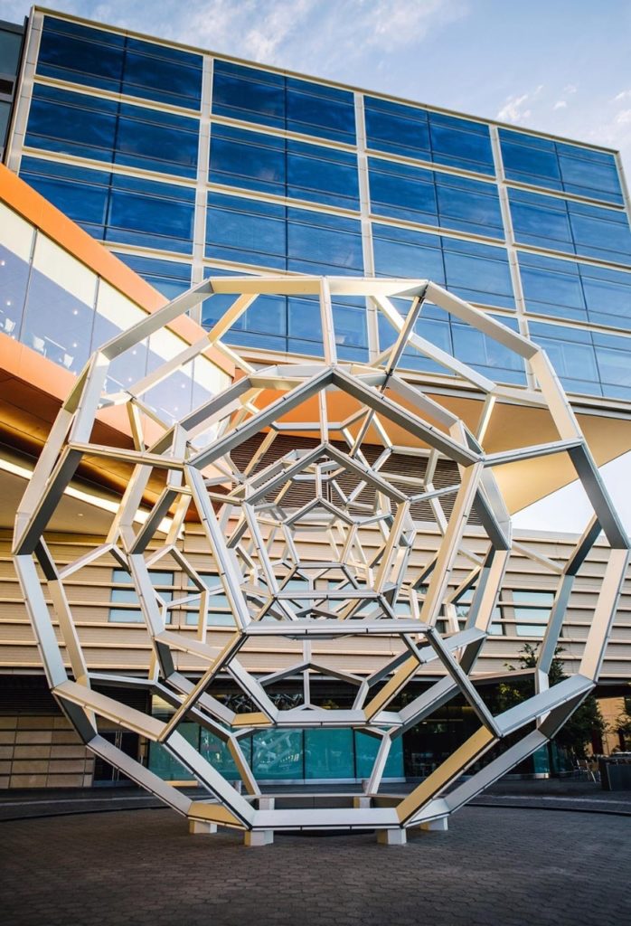 Buckyball sculpture outside the entrance of the Stanford Hospital