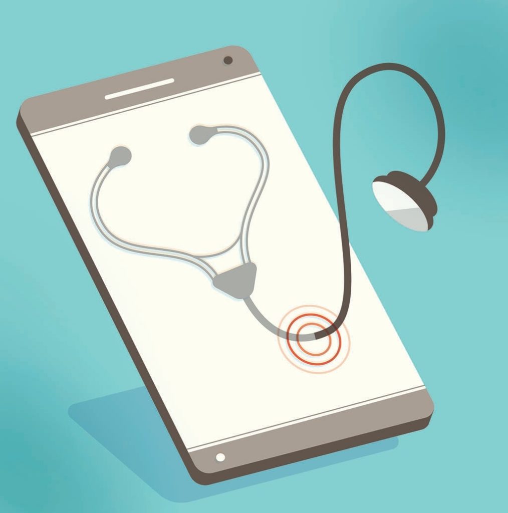 Illustration of a stethoscope coming out of a cell phone