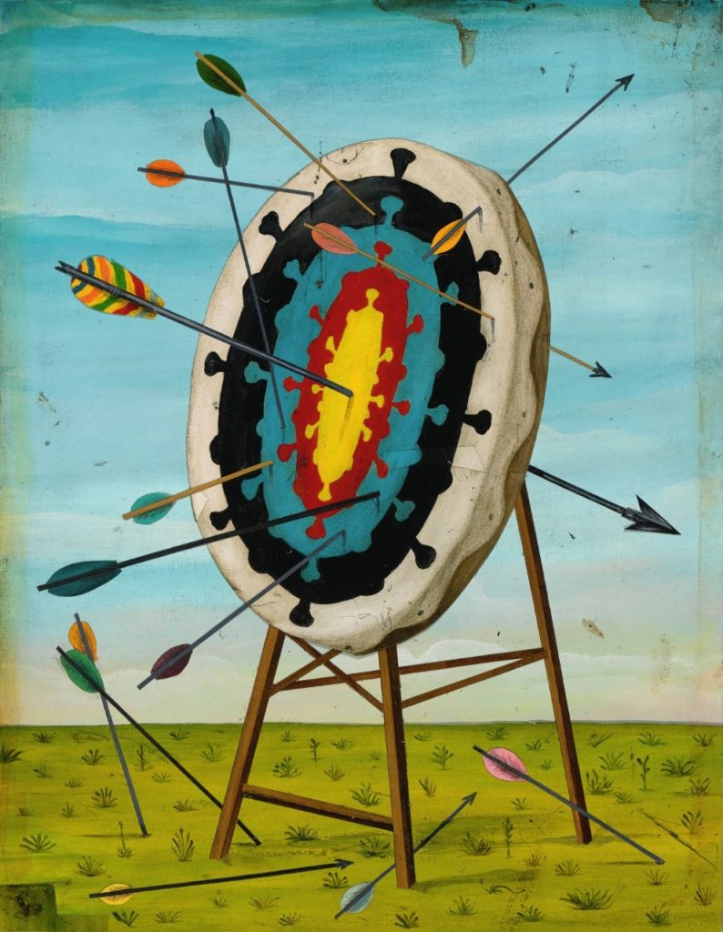Illustration by Jason Holley of arrows that have been shot at a COVID bullseye