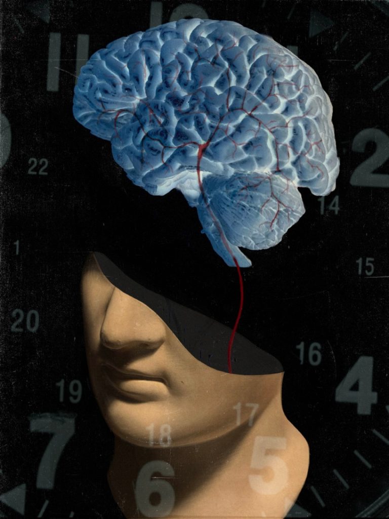 Illustration of a brain and time clock stroke. by Jonathon Rosen