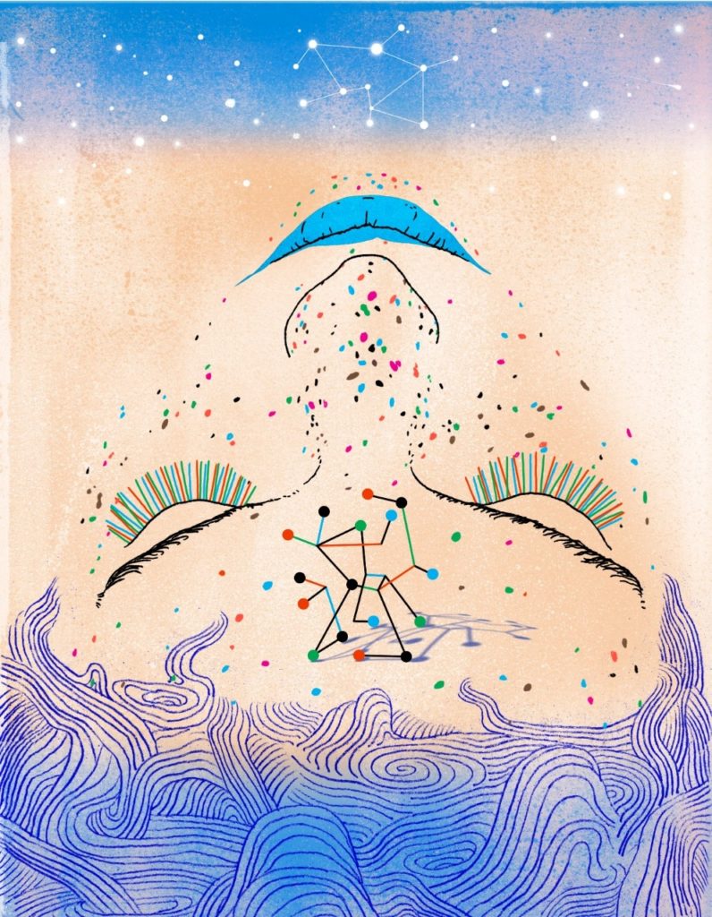 Illustration of a woman dreaming of molecules