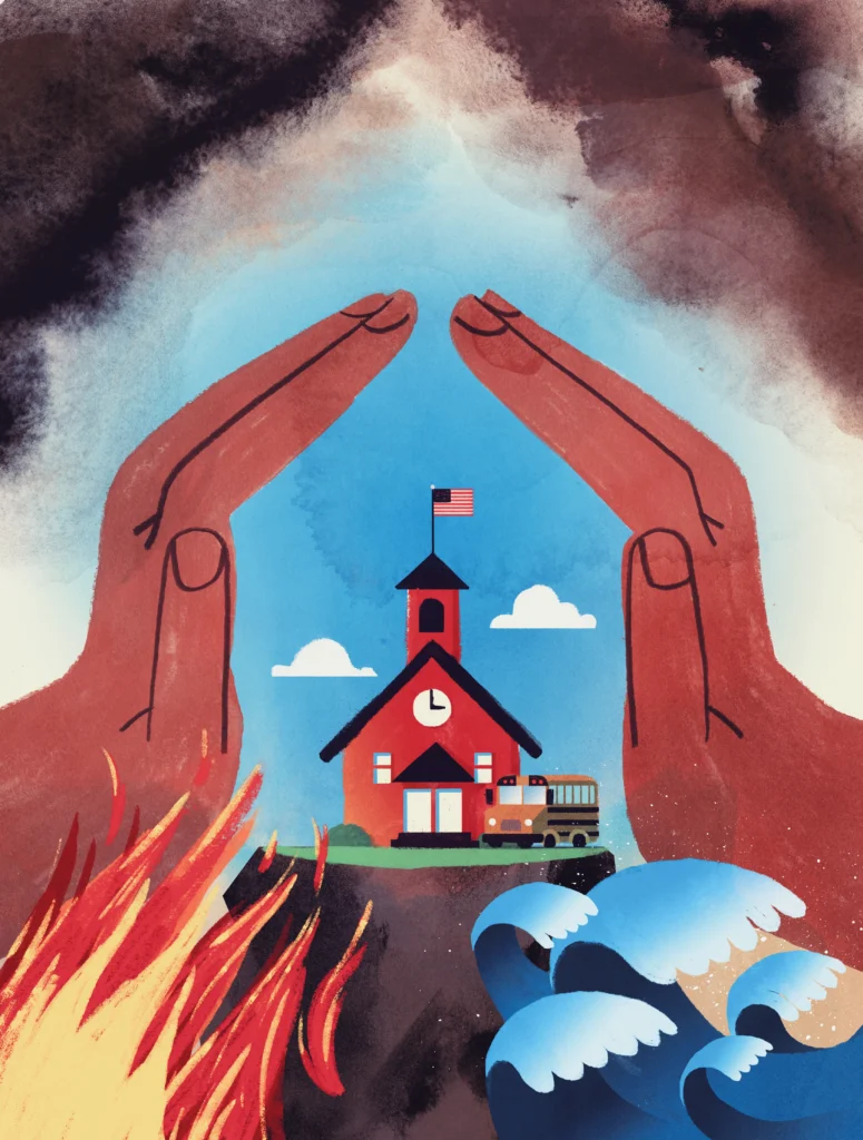 Illustration of hands cupped around an small image of school during a fire