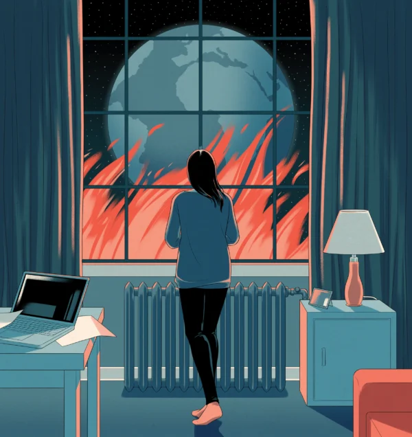 Illustration of a woman watching a raging fire from inside her home.