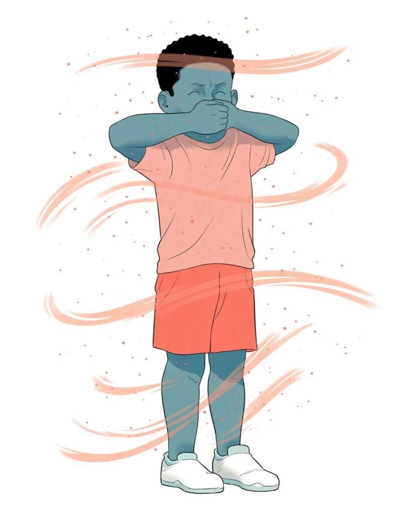 Illustration of a child holding his nose to keep dust away