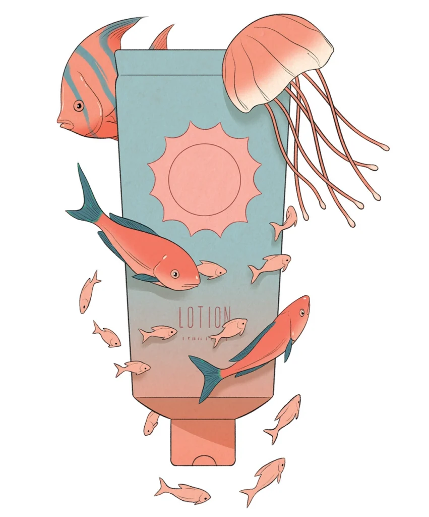 Illustration of fish swimming around a tube of sunscreen in the ocean