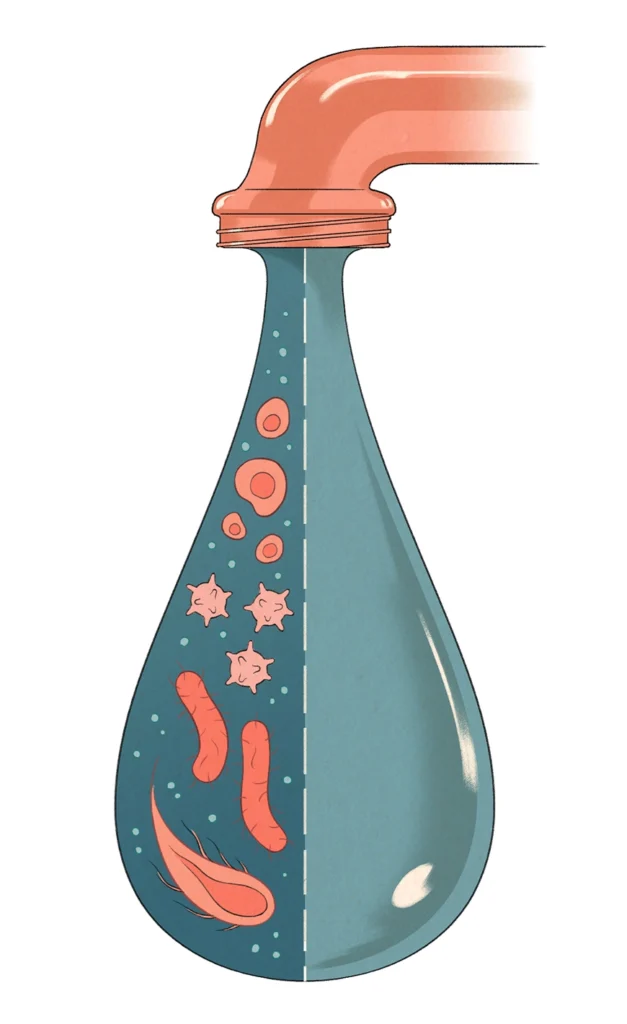 Illustration a bottle split with dirty water on one side and purified water on the other.