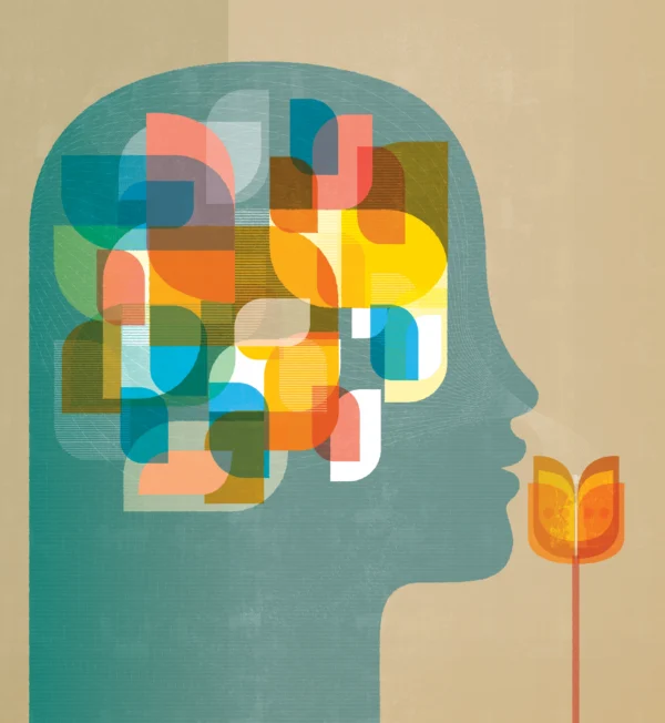 An illustration of a person sniffing flower