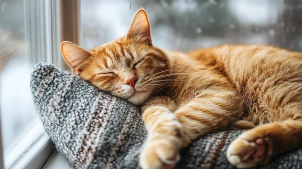 Photo of a tiger-striped orange cat sleeping on the back of a couch