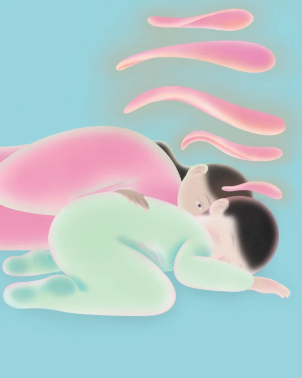 Illustration by Hoi Chan of a mother resting beside her baby.