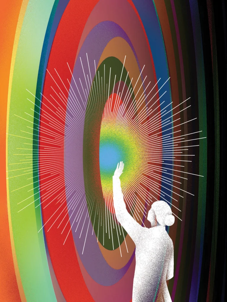 Cover illustration by Brian Stauffer of a female researcher reaching up into the rays of the sun.