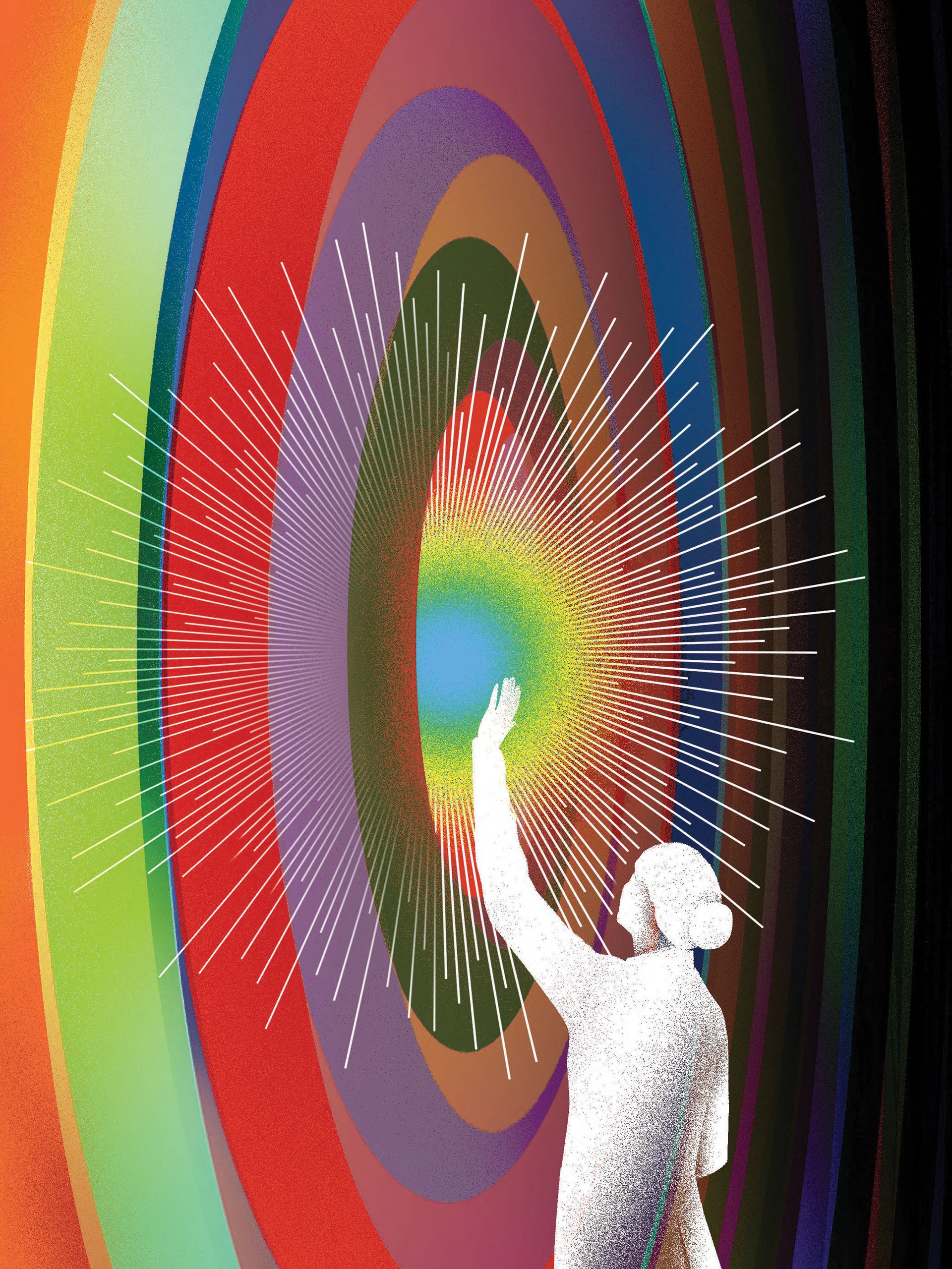 Cover illustration by Brian Stauffer of a female researcher reaching up into the rays of the sun.
