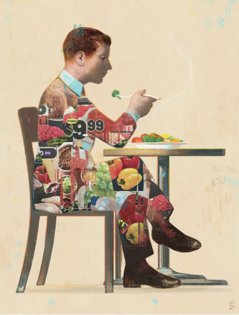 Illustration of someone sitting at a table eating