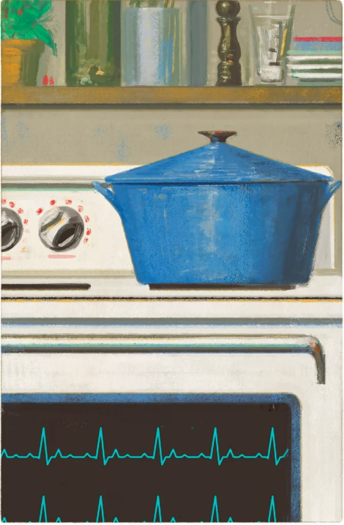 Illustration of a blue double-broiler on top of a stove