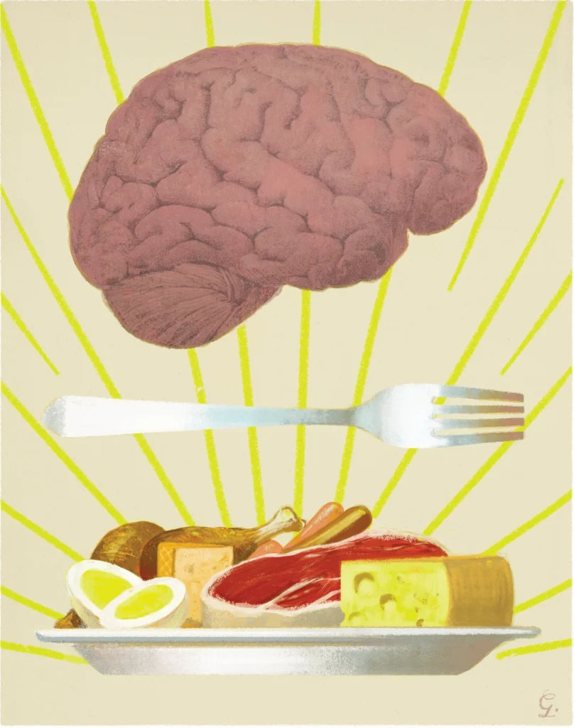 Illustration of plate of protein-filled foods radiating upward toward a hovering brain.