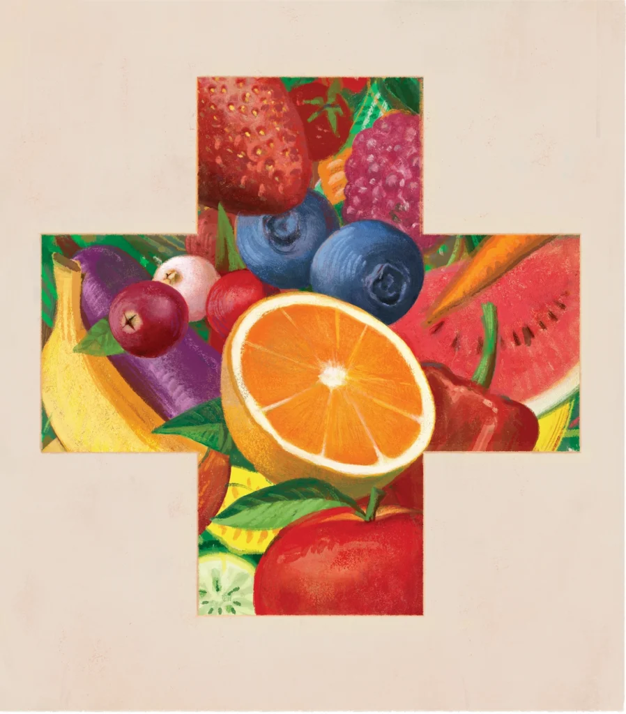 Illustration of a cross representing health and filled with fresh produce