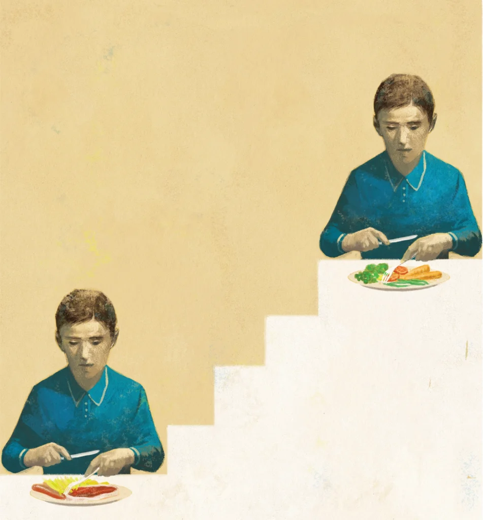 Illustration of twins eating different kinds of food