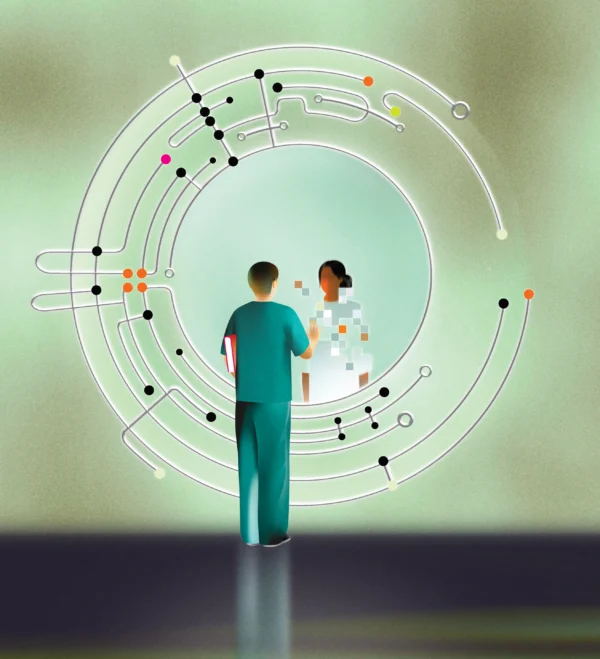 Illustration of a physician looking through a circular object at a woman.
