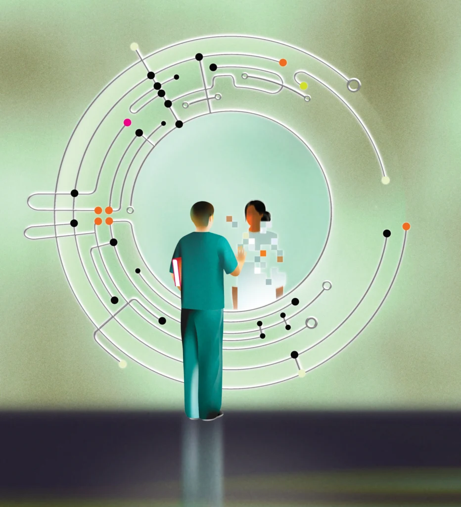 Illustration of a physician looking through a circular object at a woman.
