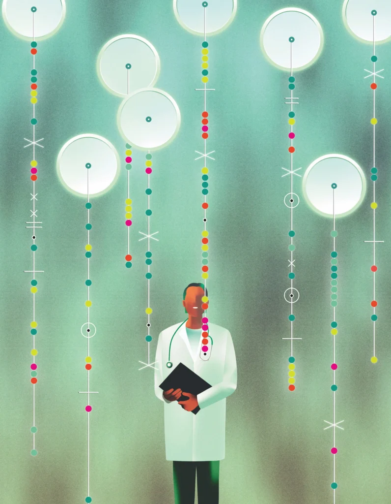 Illustration of physician looking a diabetes dashboard
