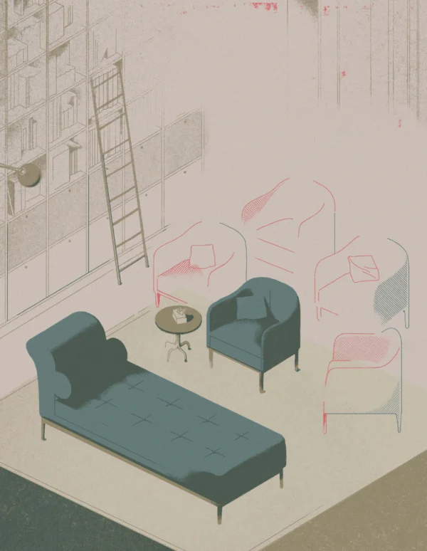 Illustration of and office with a couch, a chair and a table with a box of tissues on it.