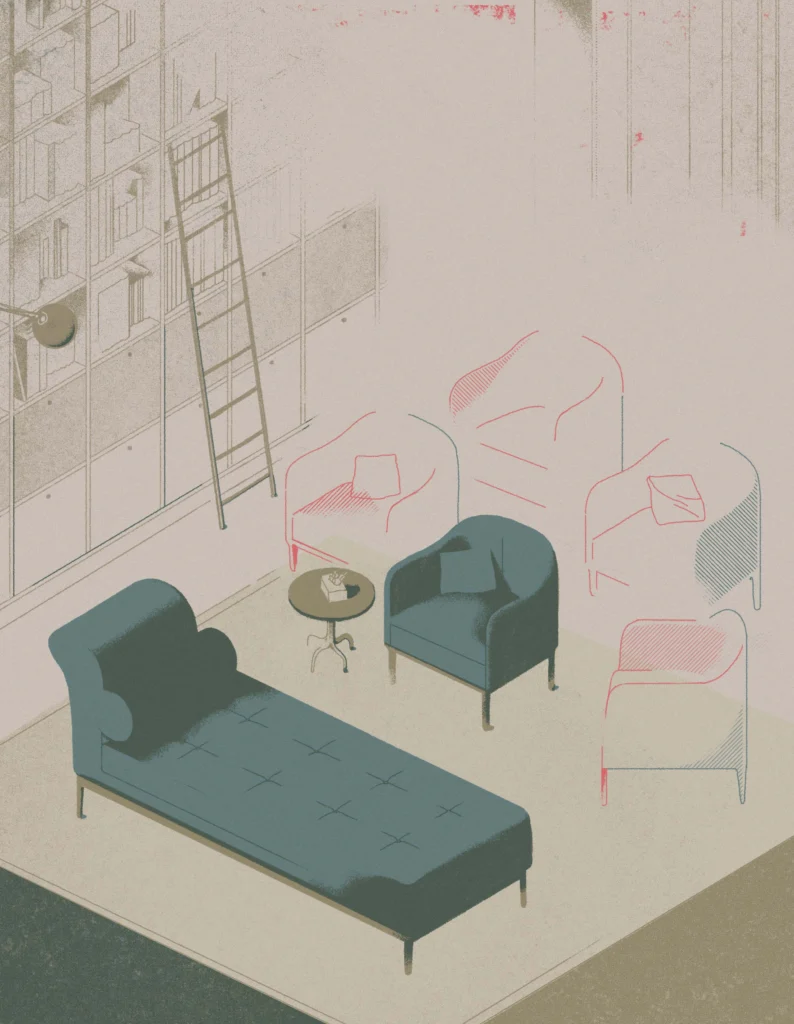 Illustration of and office with a couch, a chair and a table with a box of tissues on it.
