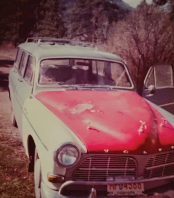Photo of science writer Bruce Goldman's ’64 stick-shift red-white-and-glacial-blue Volvo station wagon.