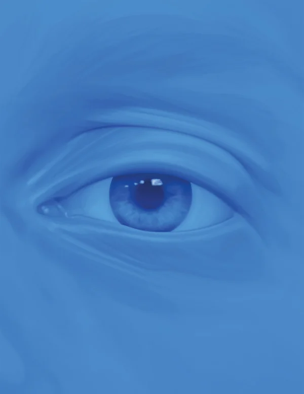 Close-up blue illustration of a human eye.