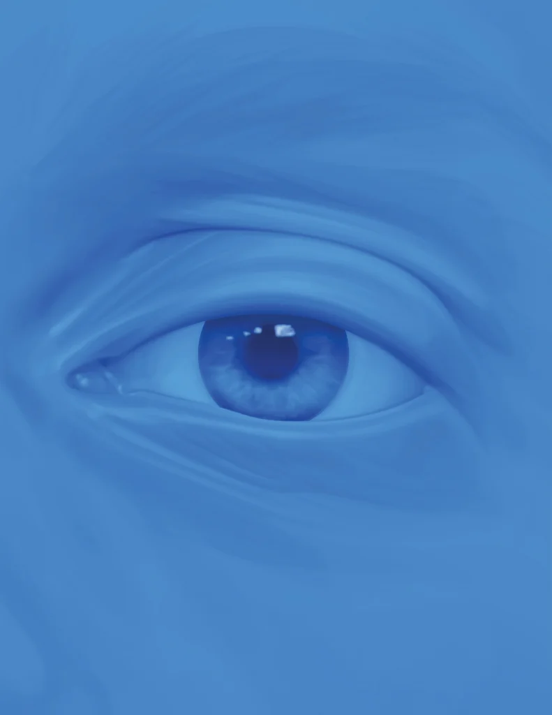 Close-up blue illustration of a human eye.