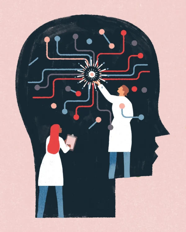 Illustration of researchers gathering data from a brain.
