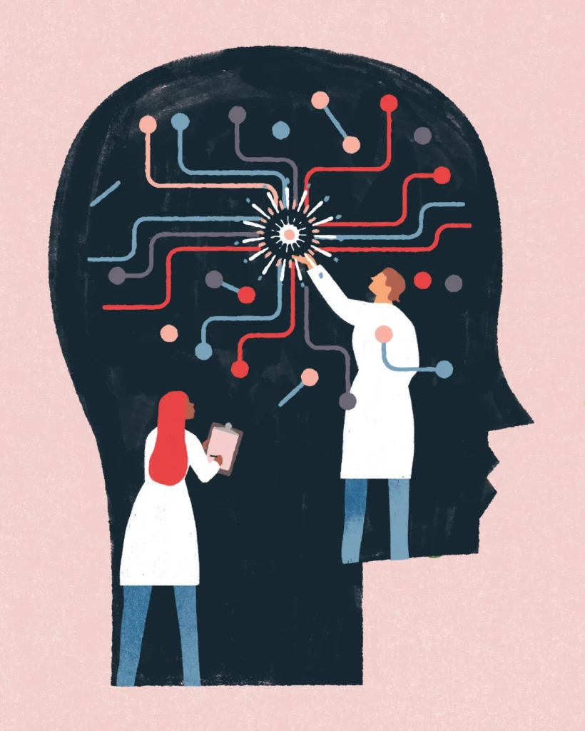 Illustration of researchers gathering data from a brain.