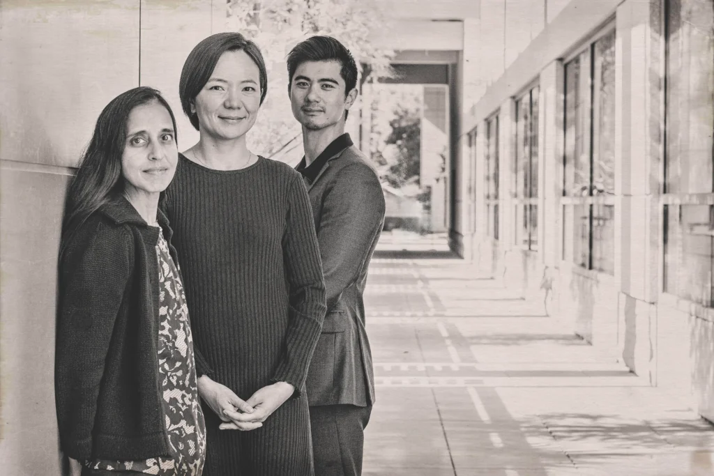 Photo of researchers Manali Patel, at left, Erqi Pollom, center, and Kekoa Taparra