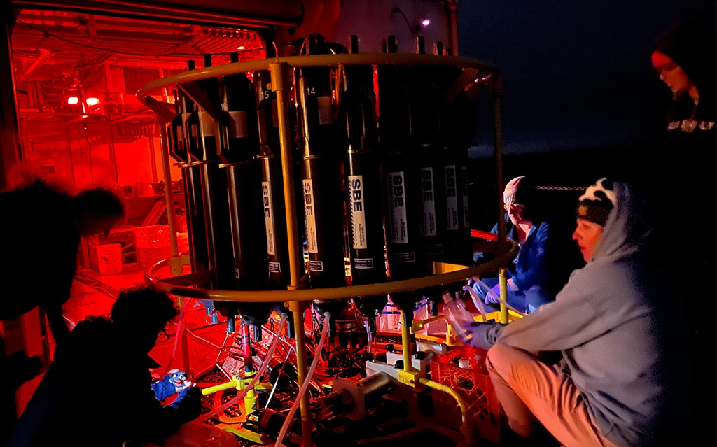 Prakash’s team working under red light at night in a lab equipped to study and capture images of microscopic organisms.