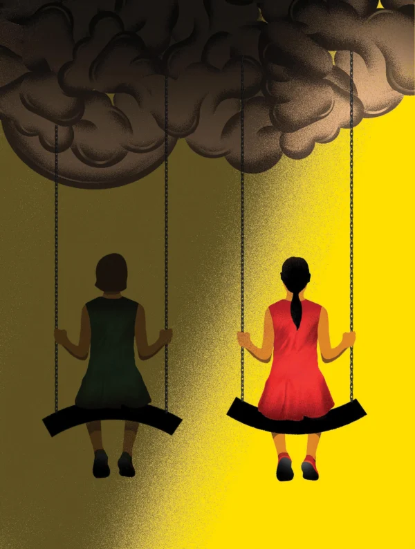Illustration of two girls on a swing, with one of them in the shadows