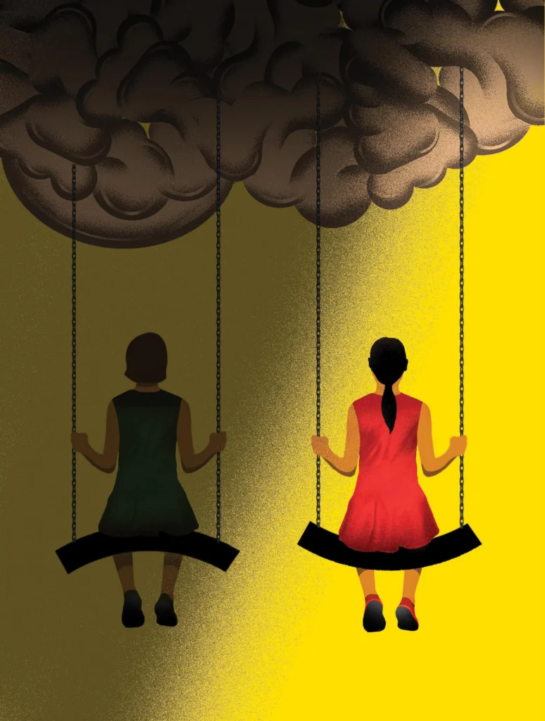 Illustration of two girls on a swing, with one of them in the shadows
