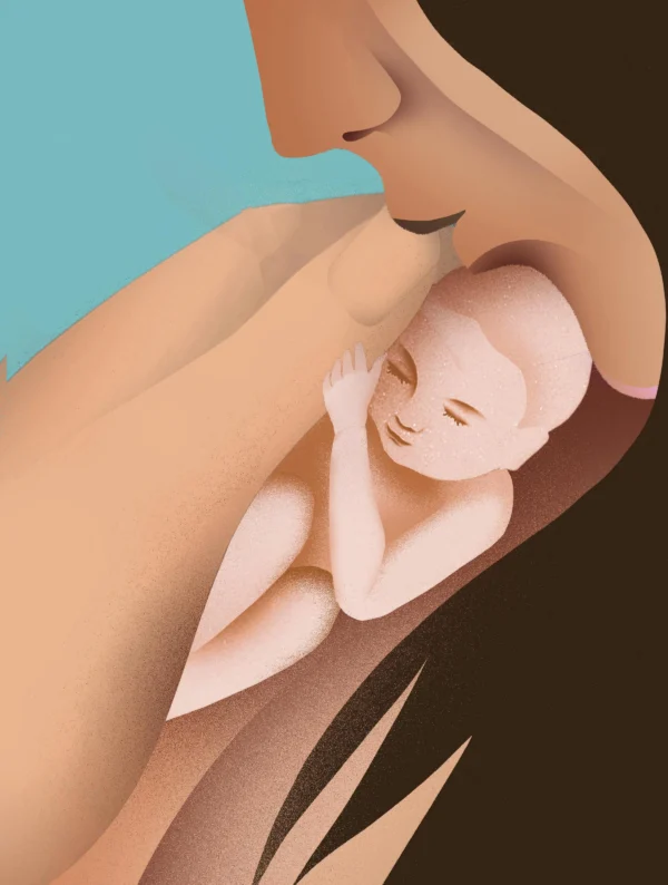 Illustration of a woman holding a baby, skin to skin.