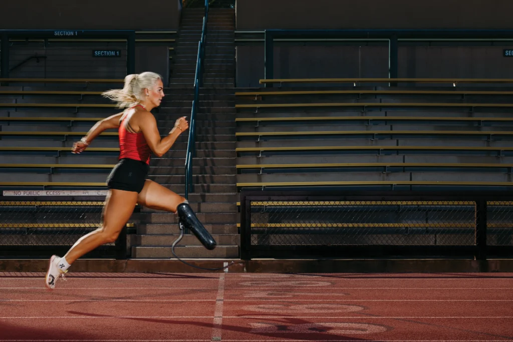 Paralympian Sydney Barta sprinter on Stanford University track.