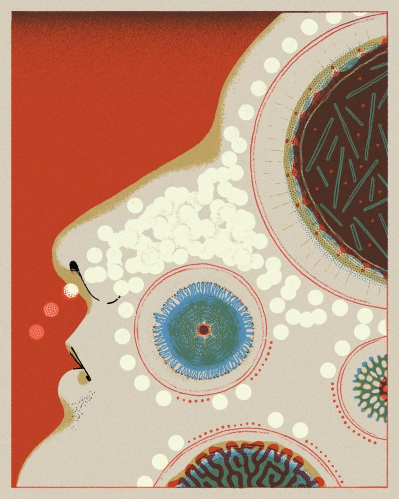 Illustration of someone inhaling a vaccine hydrogel