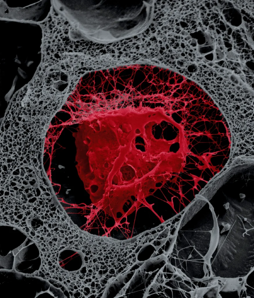 An electron micrograph o mature osteocyte (bone cell) in the artificial three-dimensional culture designed to mimic conditions in the developing embryo. The cell is digitally colored in red to highlight its surface and branches. Each osteocyte sits in a "cave" called lacuna and lacunae are connected to one another by small canals called canaliculi. The size of the cell is approximately 100 micrometers.